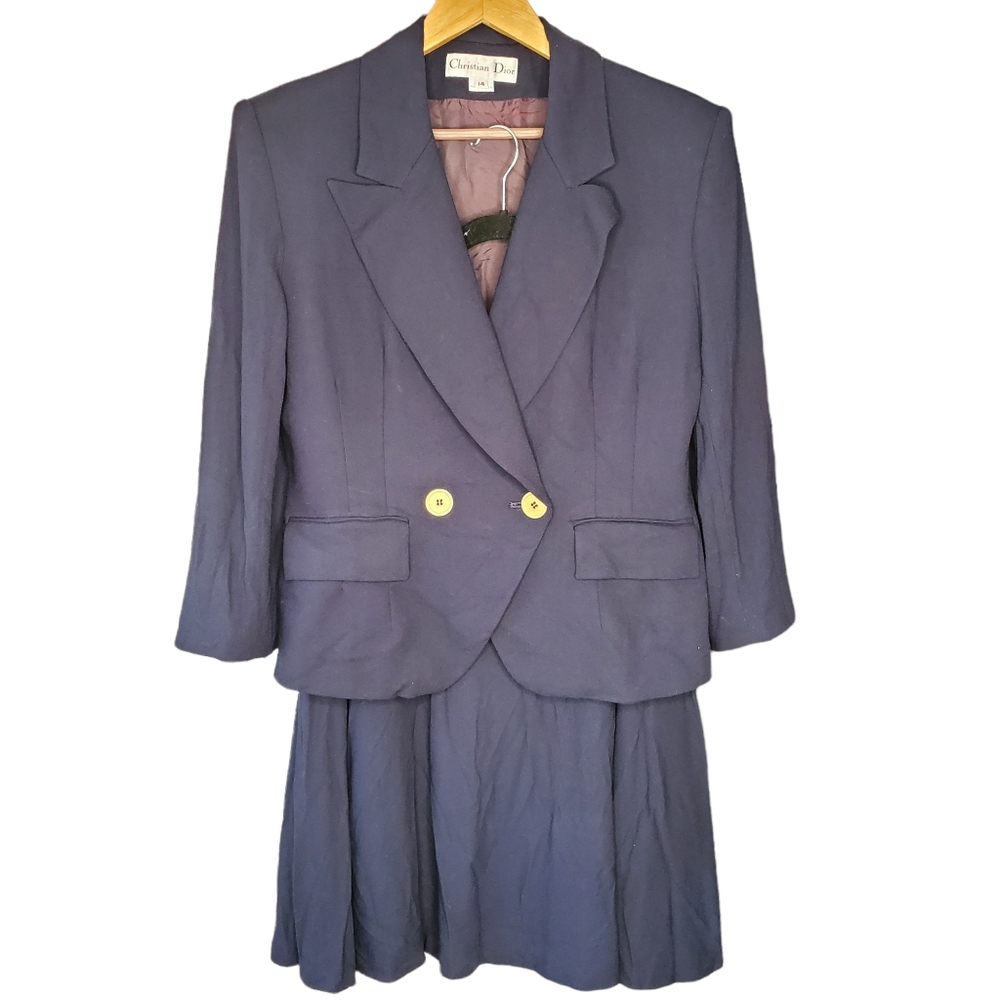 Vintage Christian Dior skirt double breasted jacket suit set navy blue 14 large